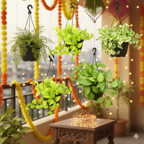 The Urban Jungle Hanger - Set of 5 - Money Plant Golden, Money Plant Green, Money Plant N'joy, Money Plant Golden & Fern in 7 Inch Black Hanging Basket