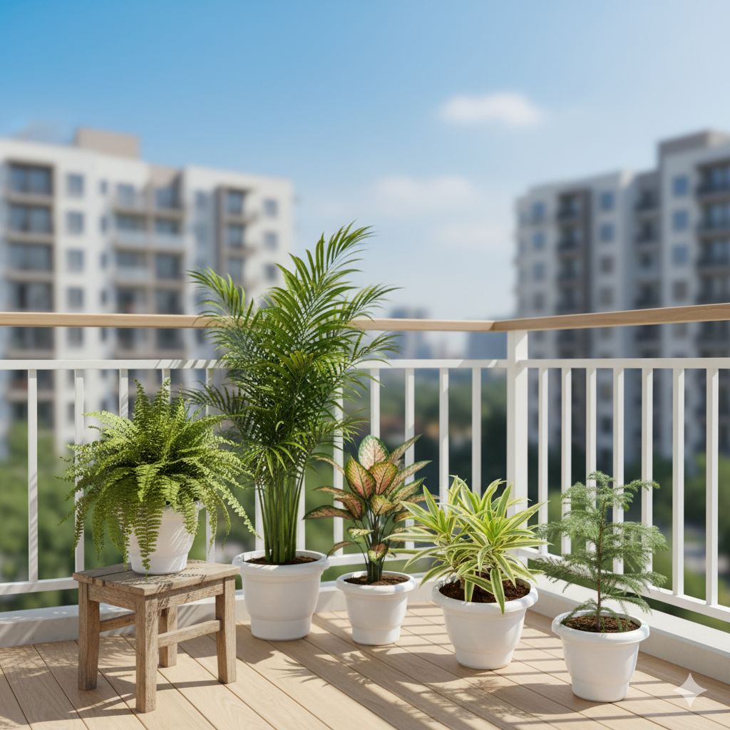 Christmas Special - The Indoor Oasis Collection - Set of 5 - Fern Green, Areca Palm, Dieffenbachia, Song of India & Araucaria in 8 Inch Classy white Plastic Pot - with Christmas Goodies