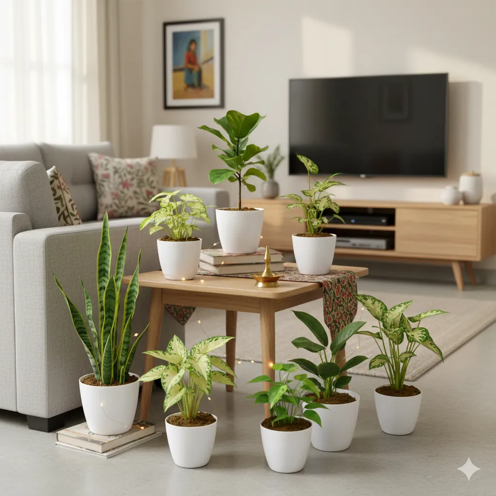 The Ultimate Air Purifier Collection - Set of 8 - Syngonium White, Fiddle Leaf Fig, Aglaonema Snow White, Money Plant N'joy, Rubber Black, Money Plant Green, Syngonium Vareigated (may change) & Snake Yellow Imported in 4 Inch Classy White Ceramic Pot