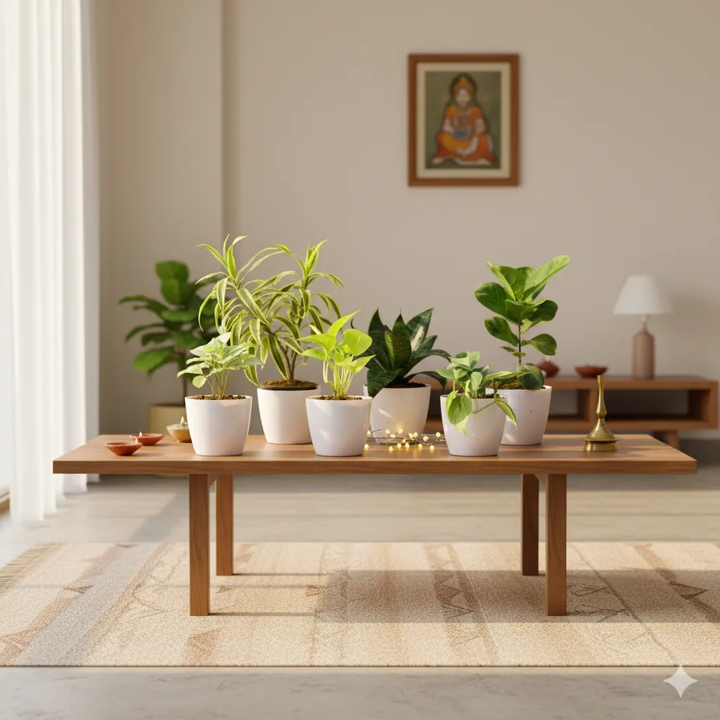 The Desk & Shelf Collection - Set of 6 - Syngonium White, Money Plant Golden, Money Plant Green, Fiddle Leaf Fig, Snake Green & Song of India in 4 inch Classy White Ceramic Pot