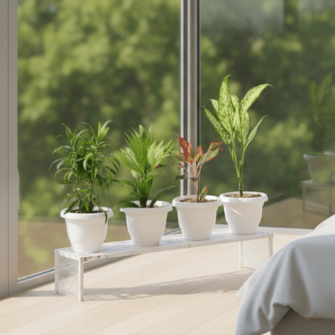 The Bedroom Statement Set - Set of 4 - Dracaena Green, China Palm, Aglaonema Lipstick & Dieffenbachia in 8 Inch Classy white Plastic Pot