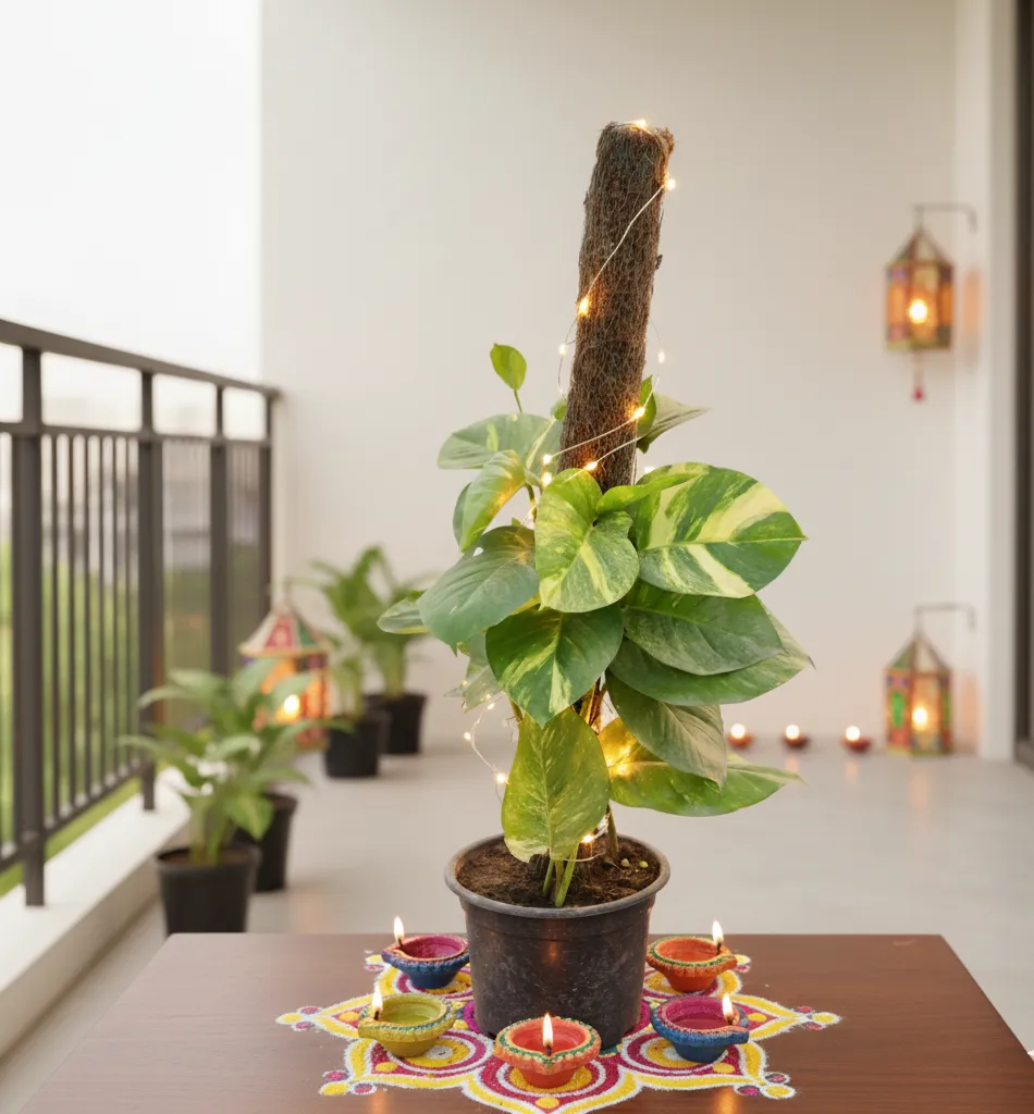 Money Plant Desi with 3 Ft Moss Stick in 10 Inch White Nursery Pot