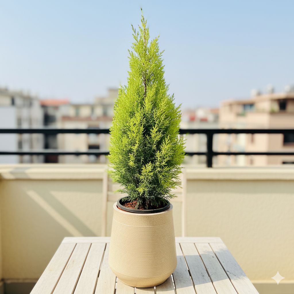 Golden Cypress in 12 X 12 Inch Grey Premium Sierra Fiberglass Planter- Durable large size decorative fiber pot for indoor outdoor plants with 5 year warranty