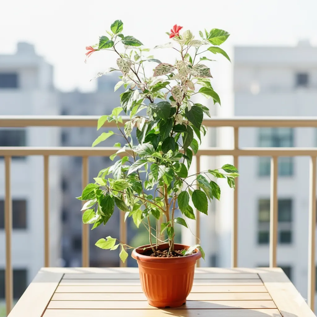 Hibiscus / Gudhal Variegated Red Flower in 10 Inch Terracotta Red Olive Plastic Pot