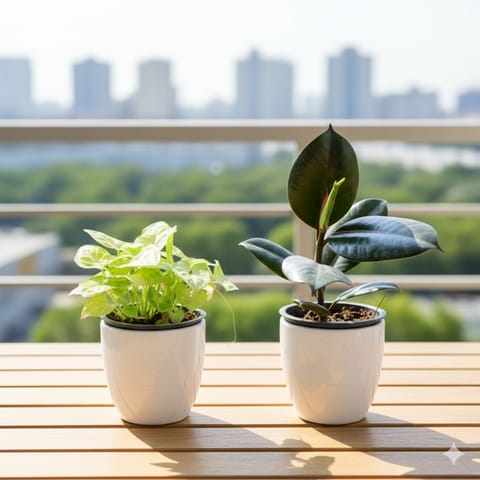 Set of 2 - Syngonium Golden & Rubber Black in 4 Inch Classy White Cup Ceramic Pot (any colour)