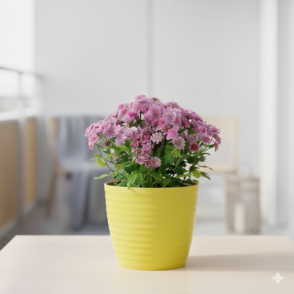 Chrysanthemum / Shevanti / Guldawari (Any Colour) in 5 Inch Bloom Yellow Avora Premium Plastic Planter