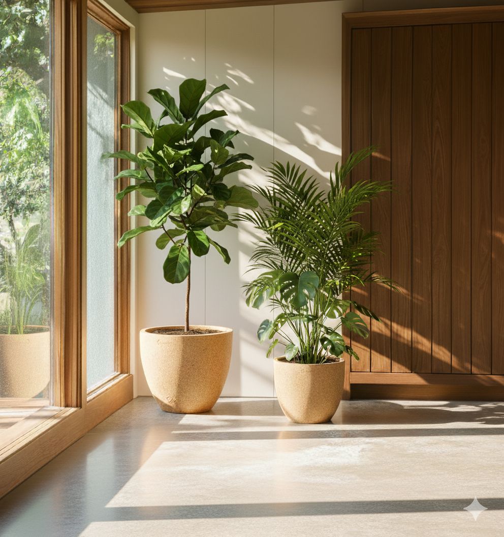 Set of 2 - 10 X 10 & 8 X 8 Inch Sandstone Premium Convessa Fiberglass Planter - Durable large size decoratiive fiber pot for indoor outdoor plants with 5 year warranty