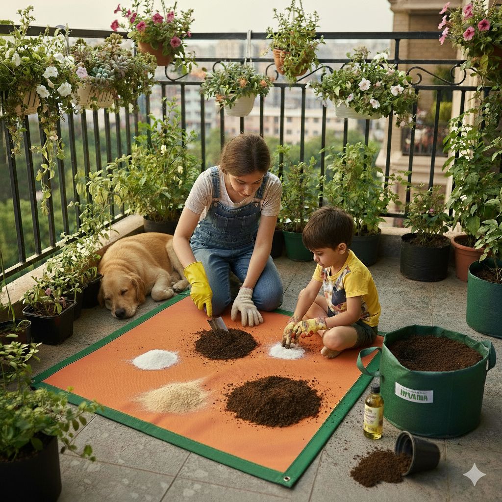 Prithvi Grow Kit - Set of 9 - 12 x 12 Grow Bag, 24 x 24 Gardening Mat, Trowel Khurpi, Vermicompost - 2 Kg, Neem Khali - 1 Kg, NPK DAP - 1 Kg, Bone Meal - 1 Kg, Epsom Salt - 1 Kg & Neem Oil - 100 Ml