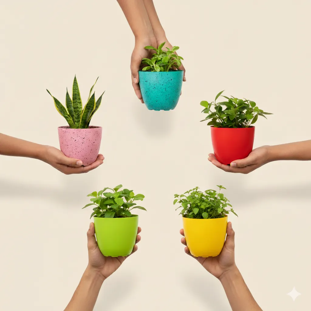 Set of 5 - 4 Inch Red Blue Green Yellow & Pink Premium Orchid Round Plastic Pot