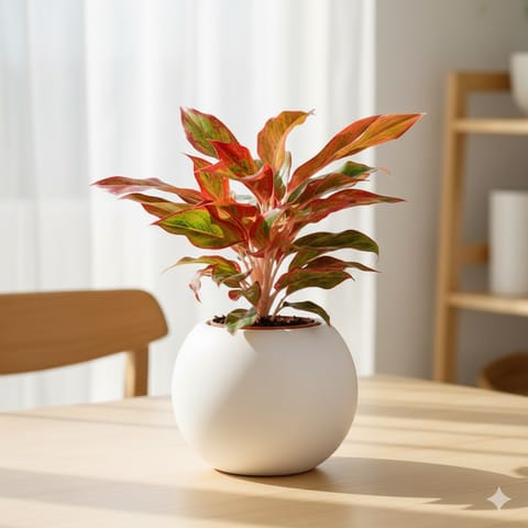 Aglaonema Lipstick in 9 Inch White Premium llios Fiberglass Planter- Durable large size decorative fiber pot for indoor outdoor plants with 5 year warranty