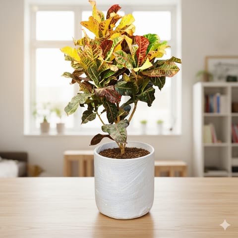 Croton Petra Yellow in 11 X 11 Inch White Premium Dochieo Fiberglass Planter- Durable large size decorative fiber pot for indoor outdoor plants with 5 year warranty