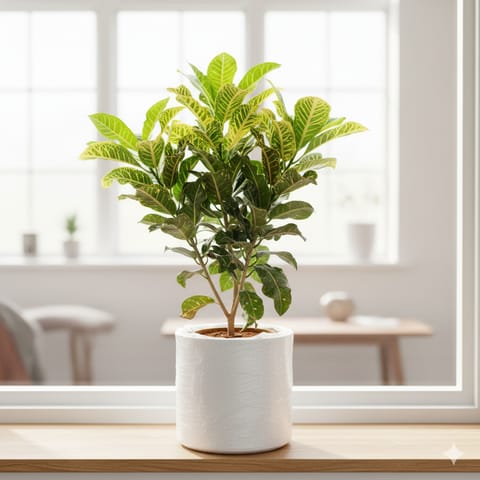 Croton Petra Green in 11 X 11 Inch White Premium Dochieo Fiberglass Planter- Durable large size decorative fiber pot for indoor outdoor plants with 5 year warranty