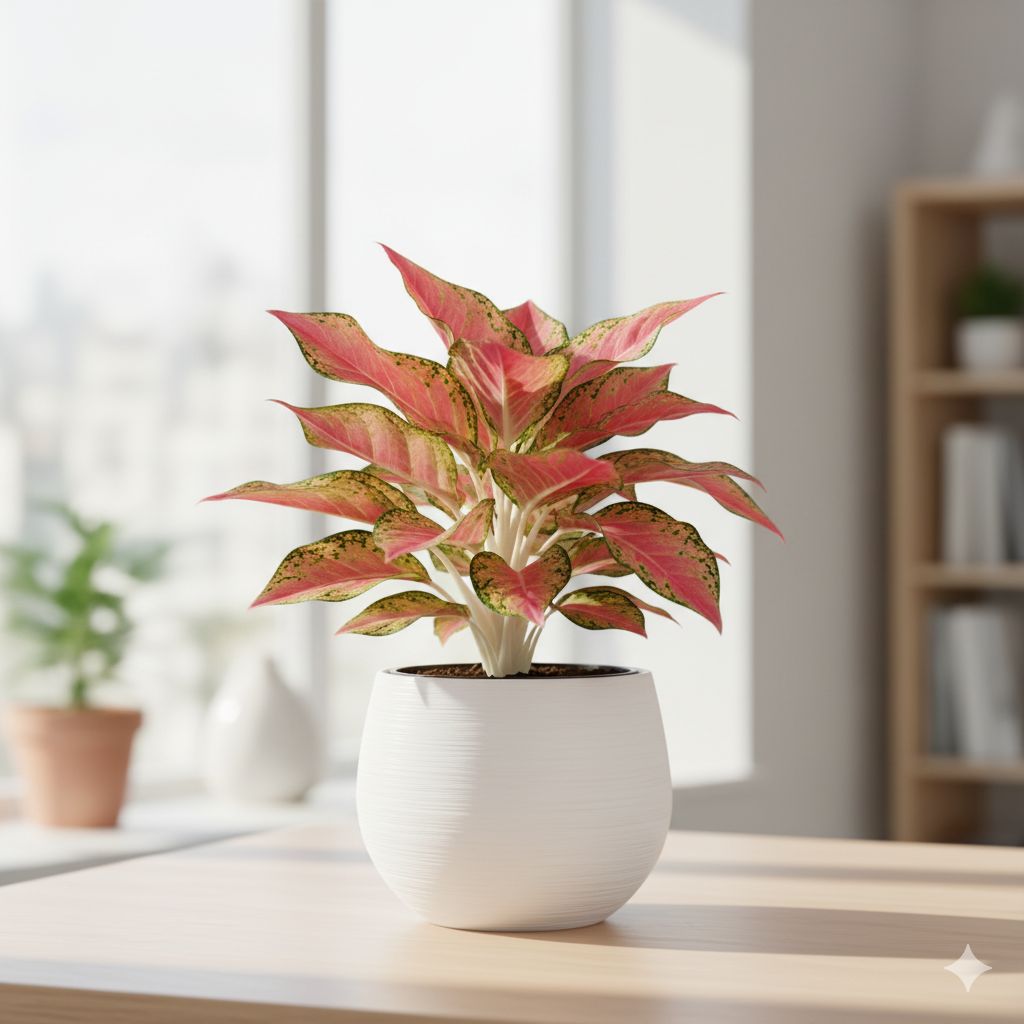 Aglaonema Red Ruby in 9 Inch White Premium llios Fiberglass Planter- Durable large size decorative fiber pot for indoor outdoor plants with 5 year warranty