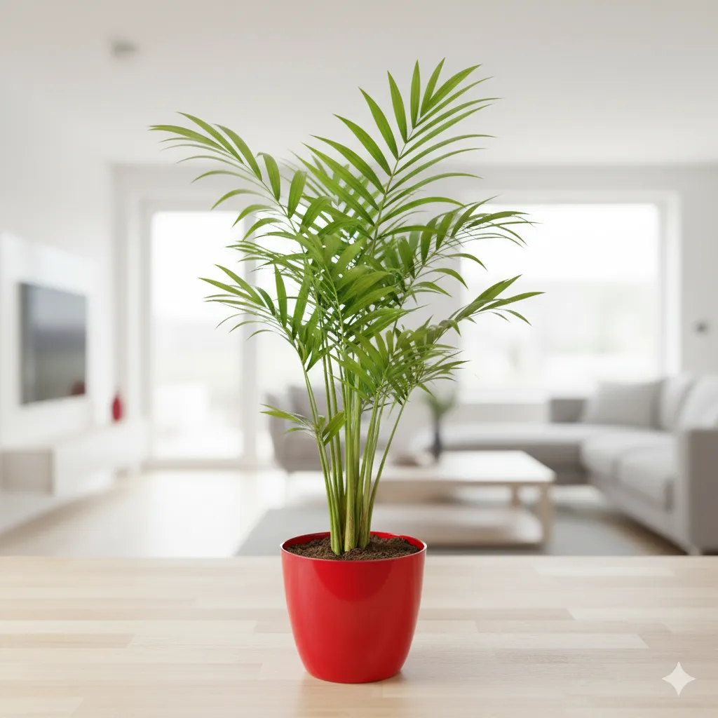 Chameadorea Palm in 4 Inch Red Premium Orchid Round Plastic Pot