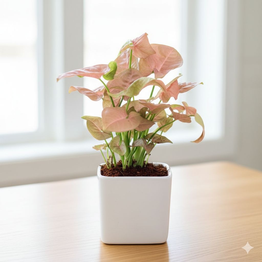 Gift Ready - Syngonium Pink in 4 Inch Classy White Square Ceramic Pot Wrapped in Lovely Gift Bag For Your Loved Ones