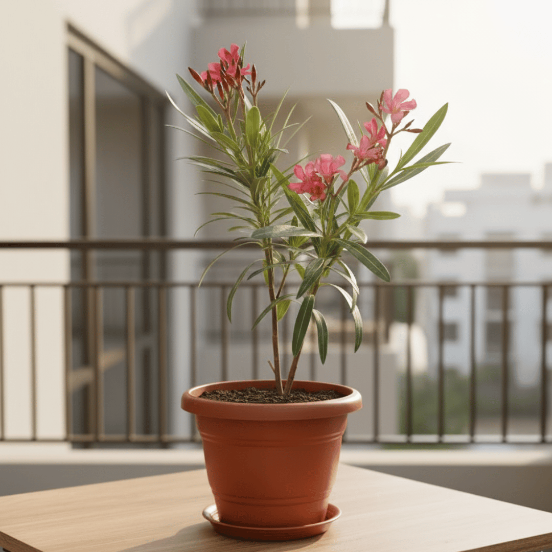 Kaner / Oleander Pink in 7 Inch Classy Red Plastic Pot with Tray