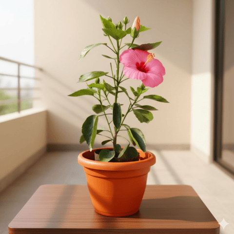 Hibiscus / Gudhal Pink in 7 Inch Live Plant Classy Red Plastic Pot