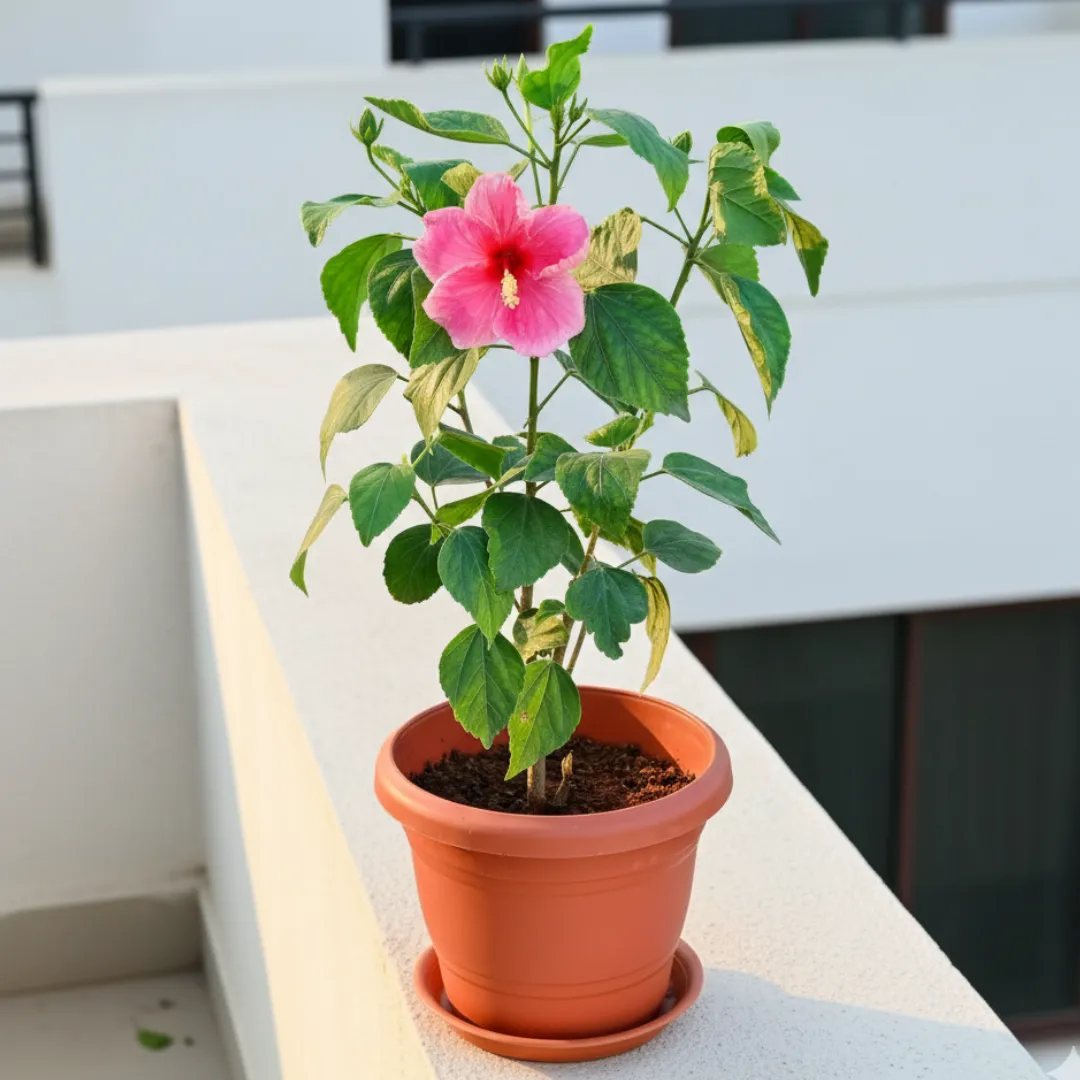 Hibiscus / Gudhal (any colour) in 7 Inch Classy Red Plastic Pot with Tray