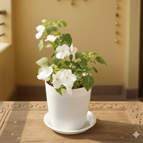 Impatient Balsamina White in 4 Inch White Premium Sphere Plastic Pot With Tray