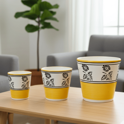 Set of 3 - (5.25, 6 & 7) Inch Yellow Black Flower Designer Balti Shaped Ceramic Pot