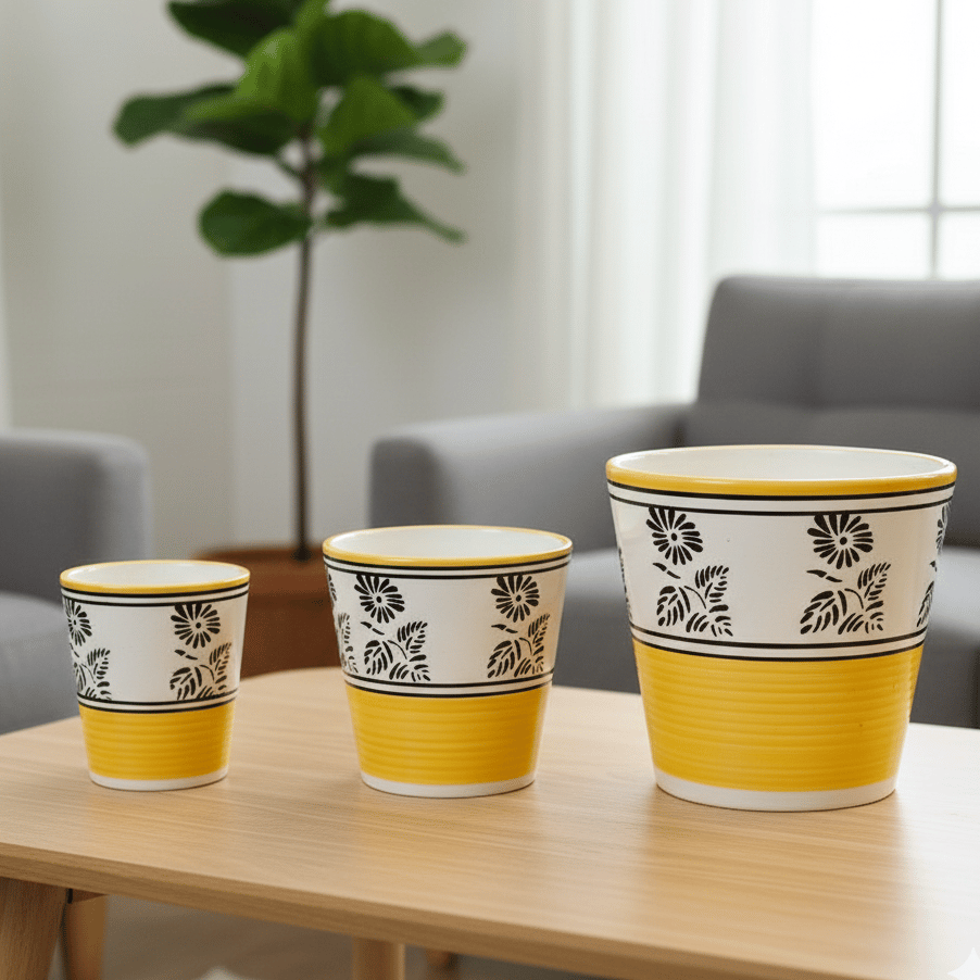 Set of 3 - (5.25 & 7) Inch Yellow Black Flower Designer Balti Shaped Ceramic Pots