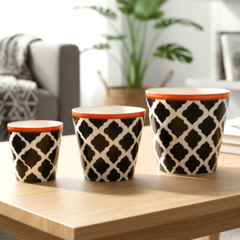 Set of 3 - (5.25, 6 & 7) Inch Black Moroccan Designer Balti Shaped Ceramic Pot