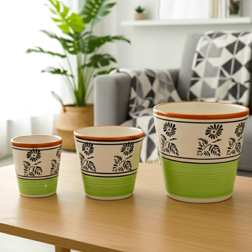 Set of 3 - (5.25, 6 & 7) Inch Green Black Flower Designer Balti Shaped Ceramic Pot