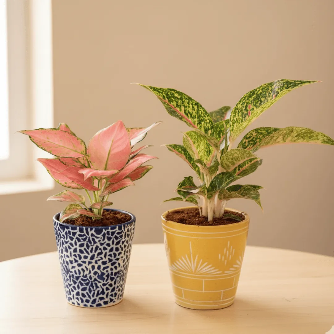 Set of 2 - Aglaonema (Red Peacock & Wishes) in 5 Inch Balti Designer Ceramic Pot (any colour & design)