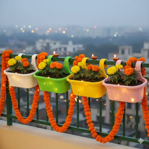 Set of 4 - 14 X 10 Inch Pink, Yellow, Green & White Marble Double Hook Hanging Plastic Pot