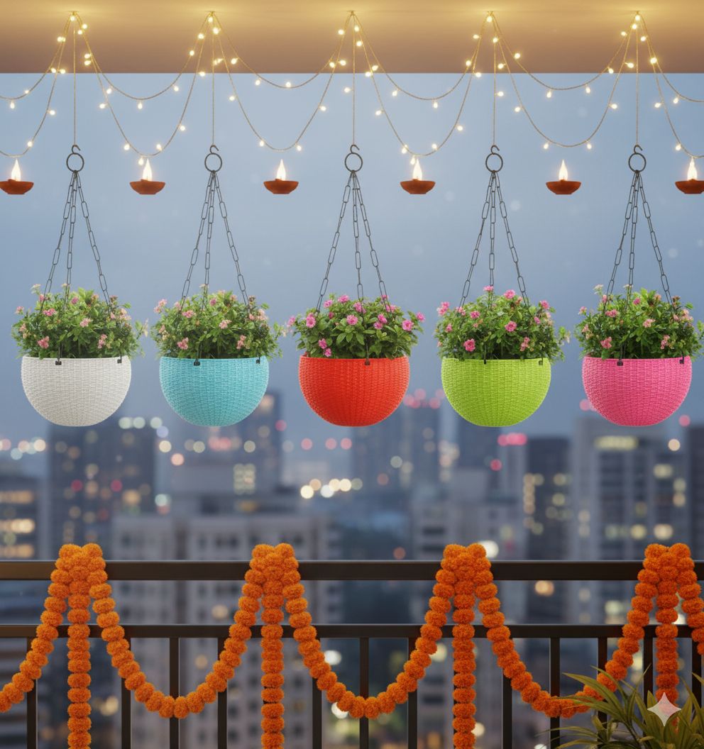 Set of 5 - 7 X 4.5 Inch Pink, Green, Blue, Red & White Premium Euro Plastic Hanging Basket