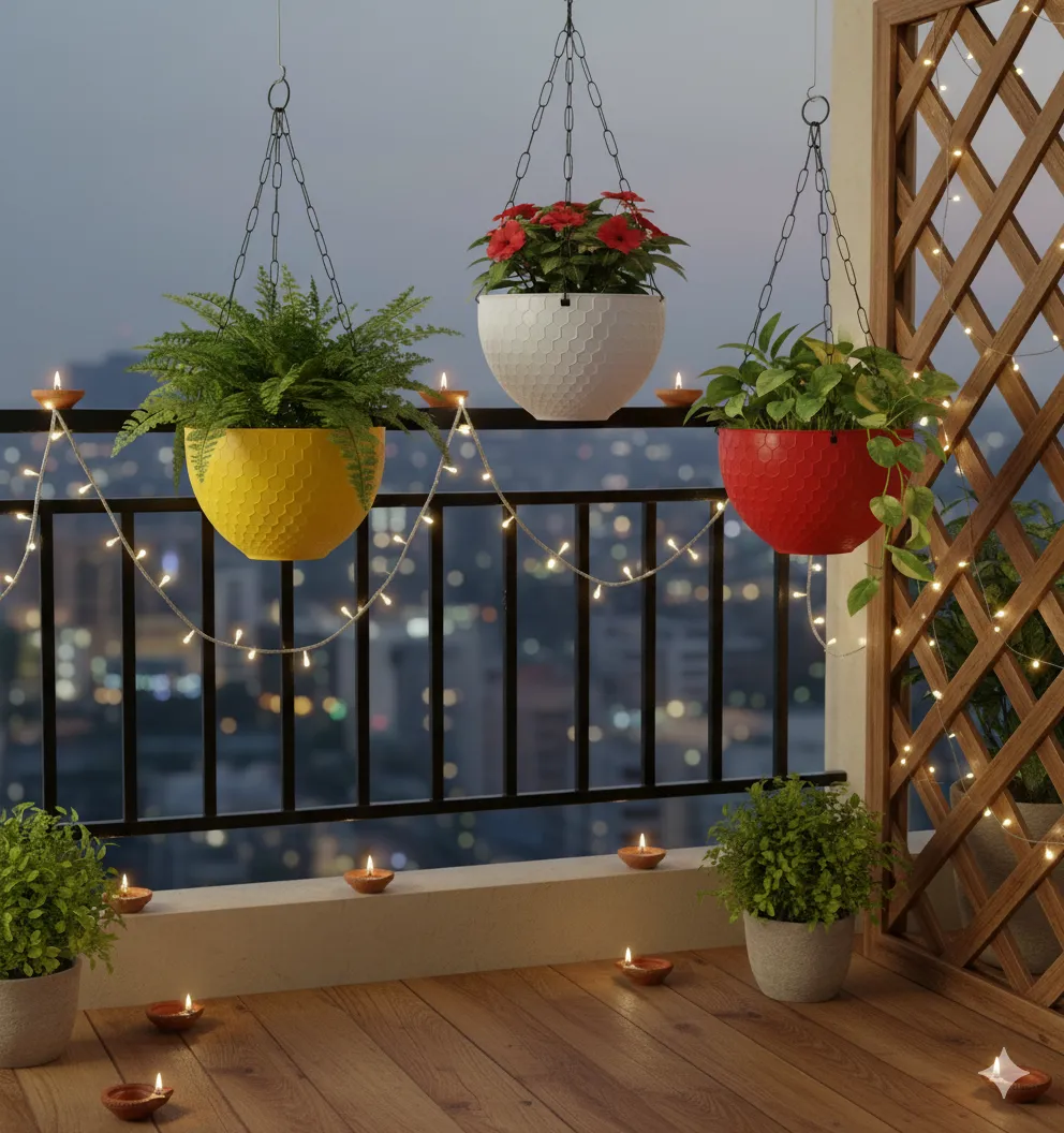 Set of 3 - 6 X 4 Inch White, Red & Yellow Premium Cerana Plastic Hanging Basket