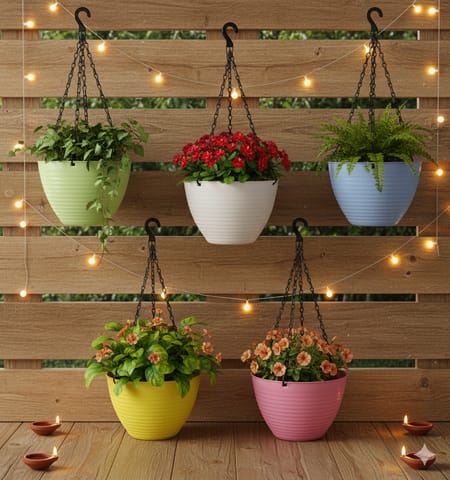Set of 5 - 7 Inch Green, Blue, Yellow, Pink & White Premium Zylo Hanging Plastic Basket