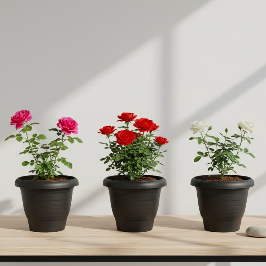 The Rosy Radiance - Set of 3 - Rose (any colour)  in Set of 3 - 10 Inch Black Classy Plastic Pot