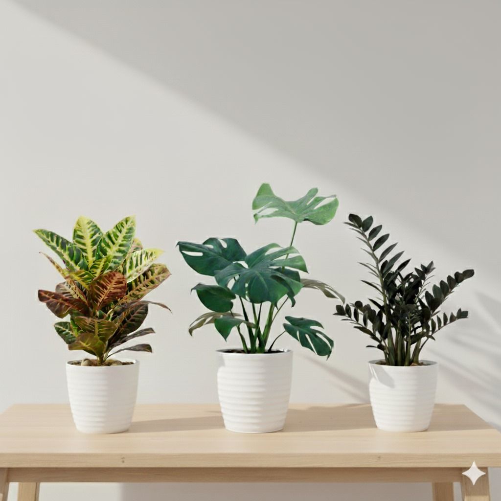 The Signature Trio - Set of 3 - Croton Petra, ZZ Black & Monstera Deliciosa in 6 Inch White Avora Premium Plastic Planter