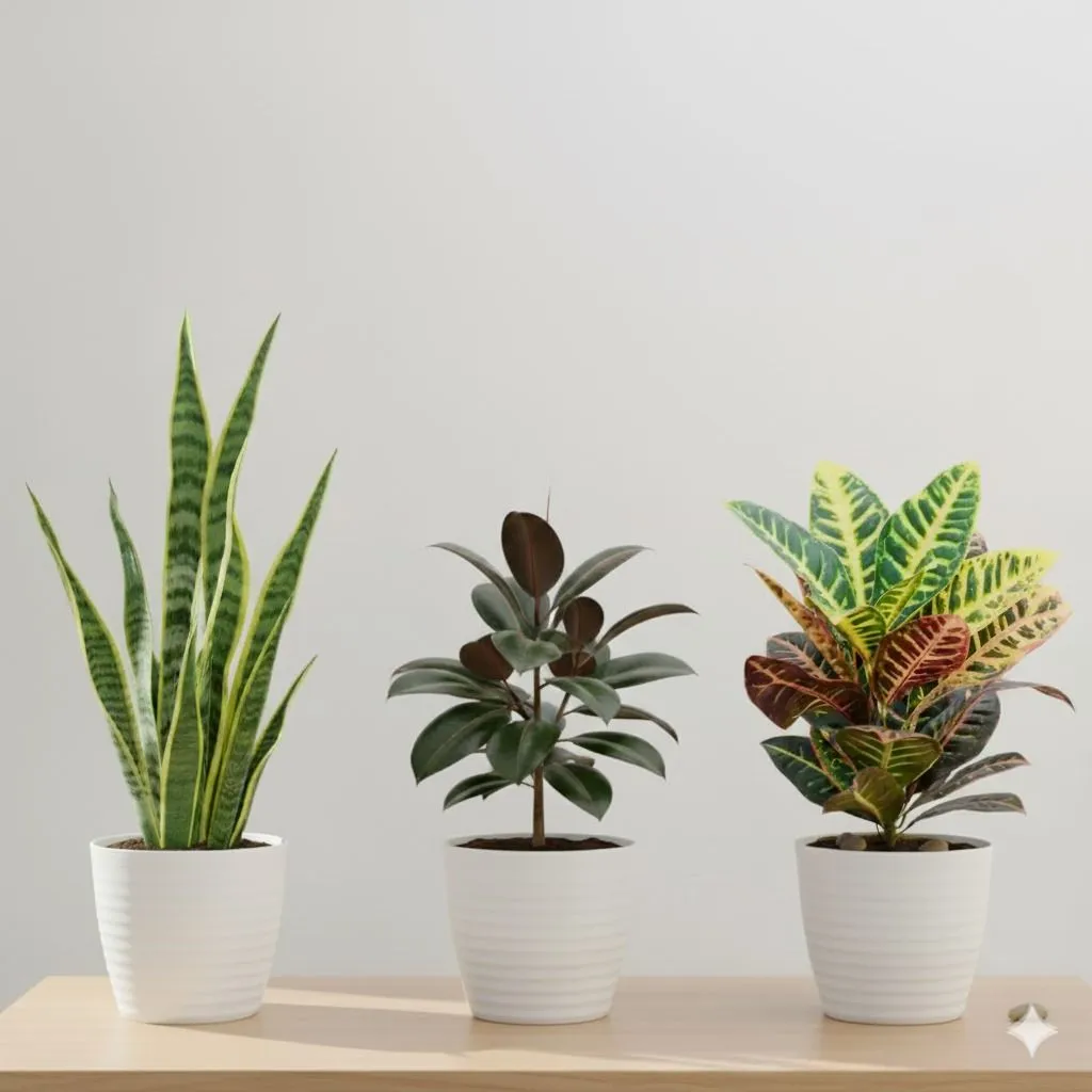 The Urban Jungle Set of 3 - Snake, Rubber Black & Croton Petra in 5 Inch White Avora Premium Plastic Planter