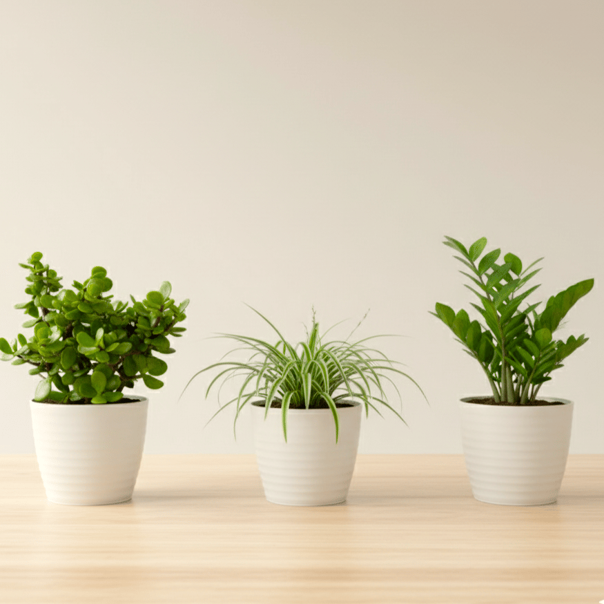 The Desk Detox Trio - Set of 3 - Jade, Spider & ZZ Green in 5 Inch White Avora Premium Plastic Planter