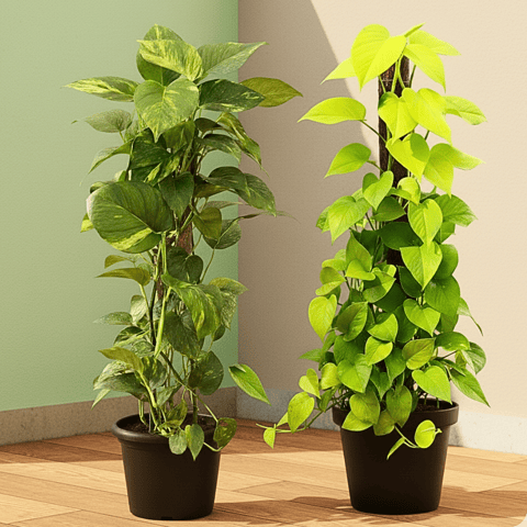 Set of 2 - (Money Plant Green & Golden) with 3 ft Moss Stick in 10 Inch Nursery Pot