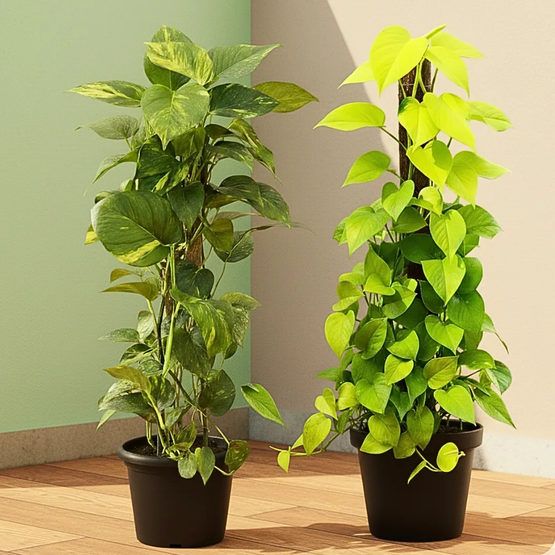 Set of 2 - (Money Plant Green & Golden) with 3 ft Moss Stick in 10 Inch Nursery Pot