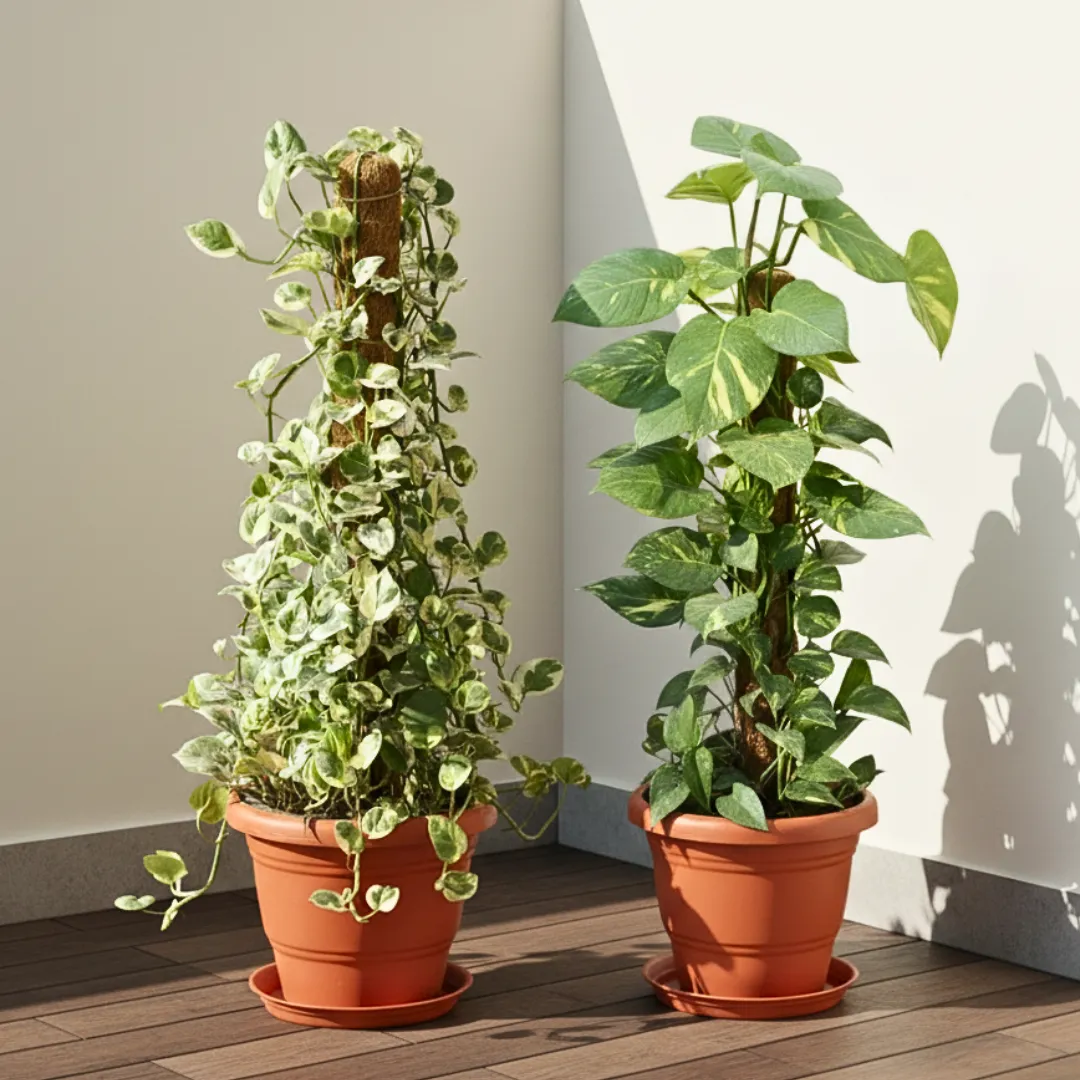 Set Of 2 - Money Plant Green & N'Joy With 3 Ft Moss Stick in 10 Inch Terracotta Red Classy Plastic Pot