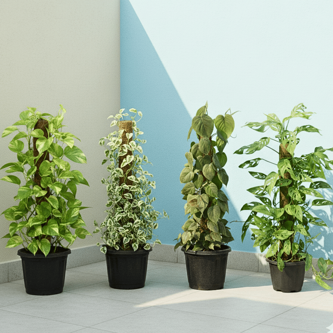 Moss Warriors- Set of 4 - (Money Plant Golden & Green, Broken Hearts & Philodendron ) With 3 Ft Moss Stick in 10 Inch Nursery Pot