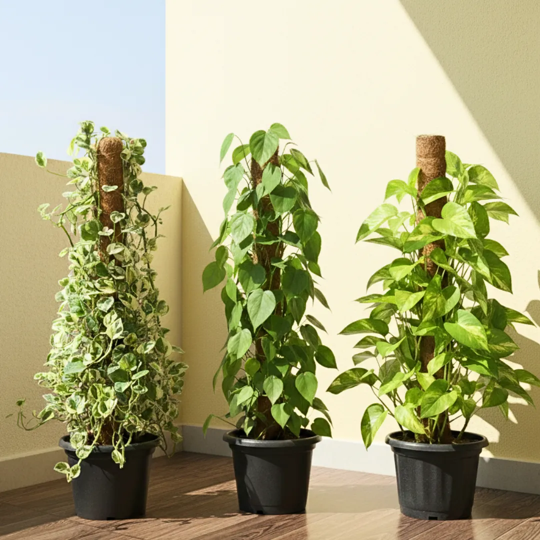 Set Of 3 - Money Plant Green, N'Joy & Philodendron Green With 3 Ft Moss Stick in 10 Inch Nursery Pot