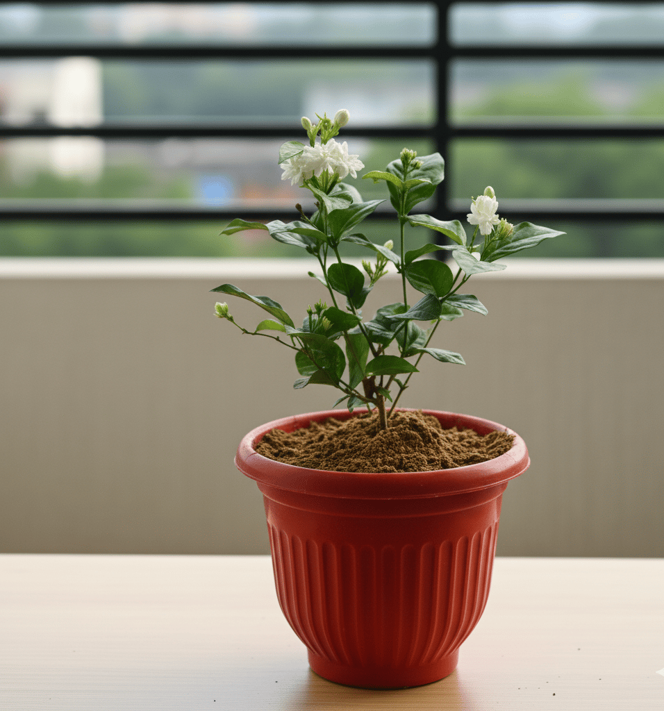 Mogra / Jasmine in 8 Inch Red Olive Plastic Pot