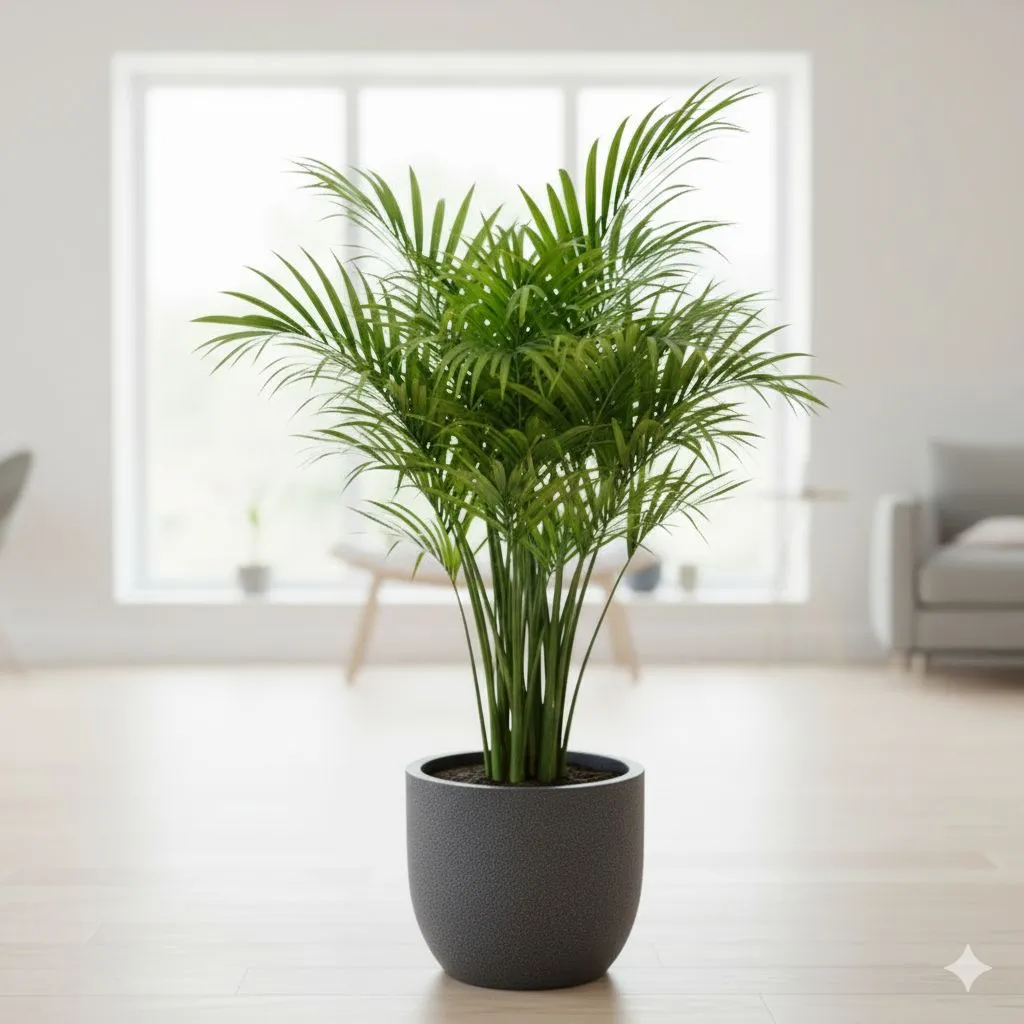 Areca Palm (~ 3 ft) in 12 X 12 Inch Grey Premium Orbis Fiberglass Planter with tray- Durable large size decorative fiber pot for indoor outdoor plants with 5 year warranty