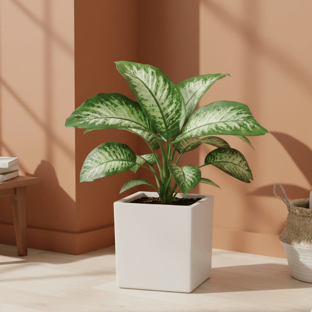 Dieffenbachia White (~ 2 Ft) in 8 X 8 Inch White Premium Kyvos Fiberglass Planter