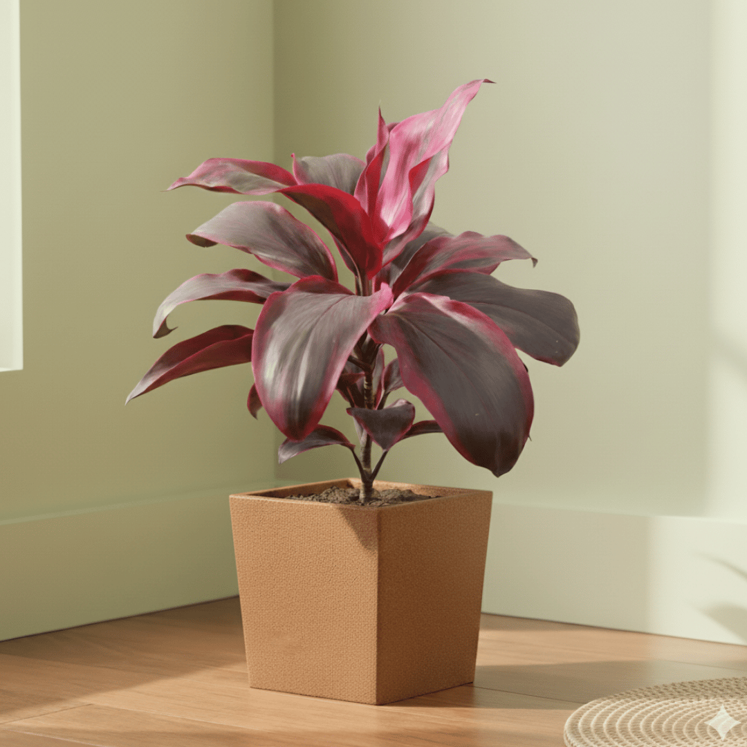 Dracaena Red Rubia Big Leaves (~ 1 ft) in 8 X 8 Inch Sandstone Premium Kyvos Fiberglass Planter