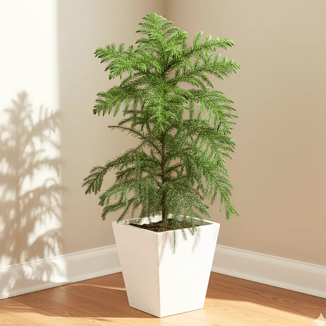 Araucaria / Christmas Tree (~ 3 fT) in 12 X 12 Inch White Premium Makris Fiberglass Planter - Durable large size decoratiive fiber pot for indoor outdoor plants with 5 year warranty
