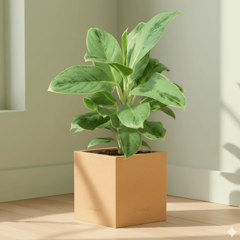 Aglaonema Green Big Leaf in 8 X 8 Inch Sandstone Premium Kyvos Fiberglass Planter