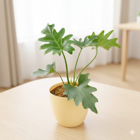 Philodendron Selloum in 6 Inch Beige Marble Premium Orchid Round Plastic Pot
