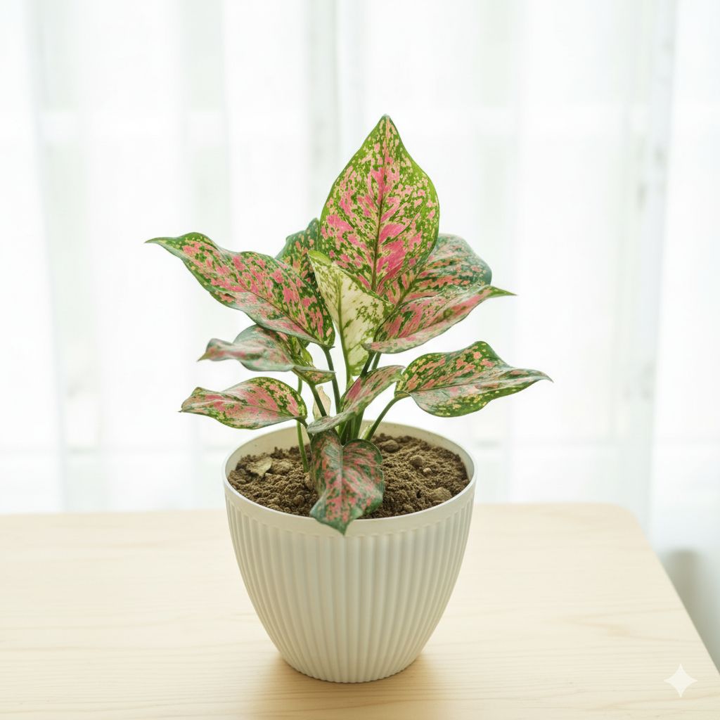 Aglaonema Lady Valentine in 7 Inch White Textured Orchid Round Premium Plastic Pot