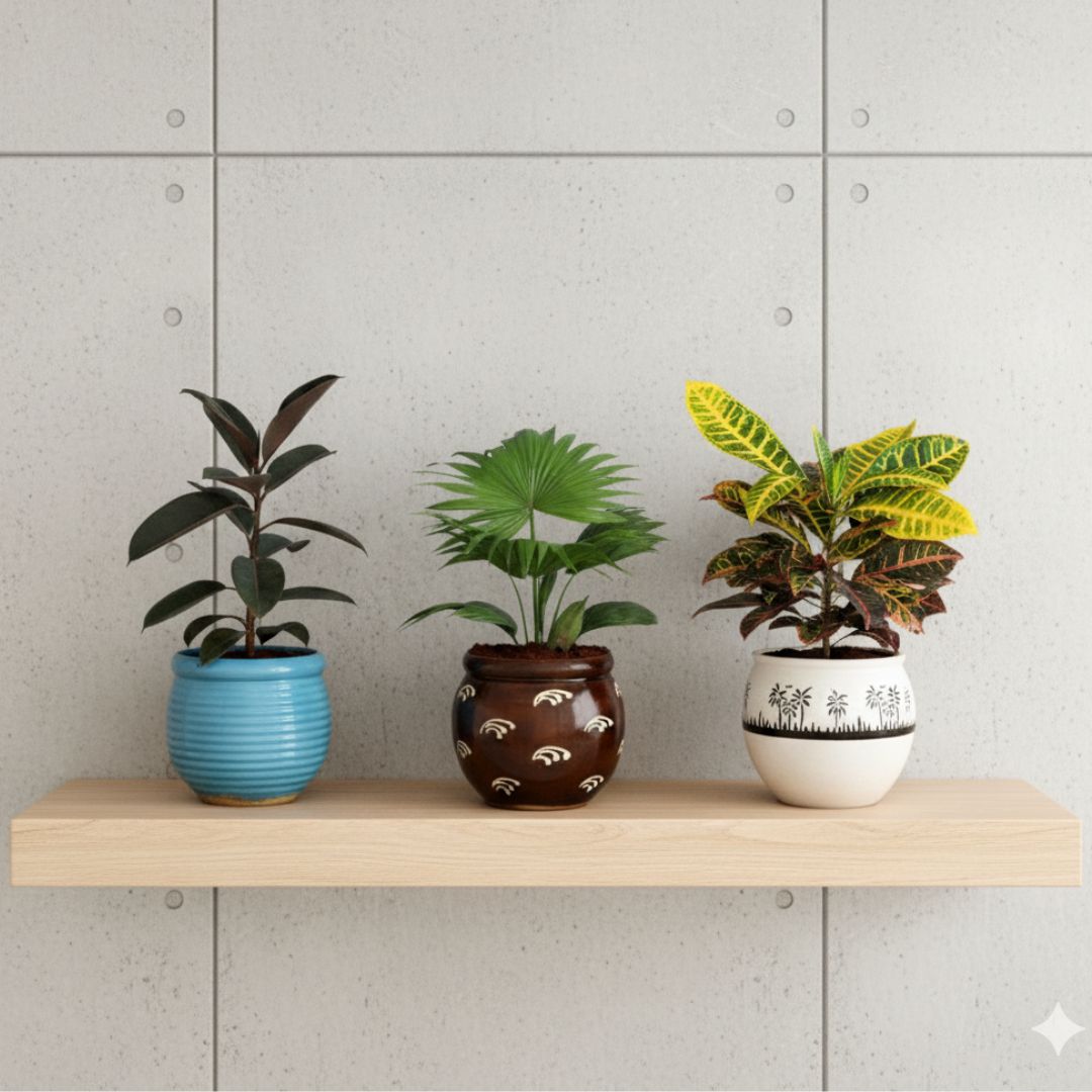 Set of 3 - China / Fan Palm ,Rubber & Croton Petra in 8 Inch Classy Matki Designer Ceramic Pot (any colour & design)